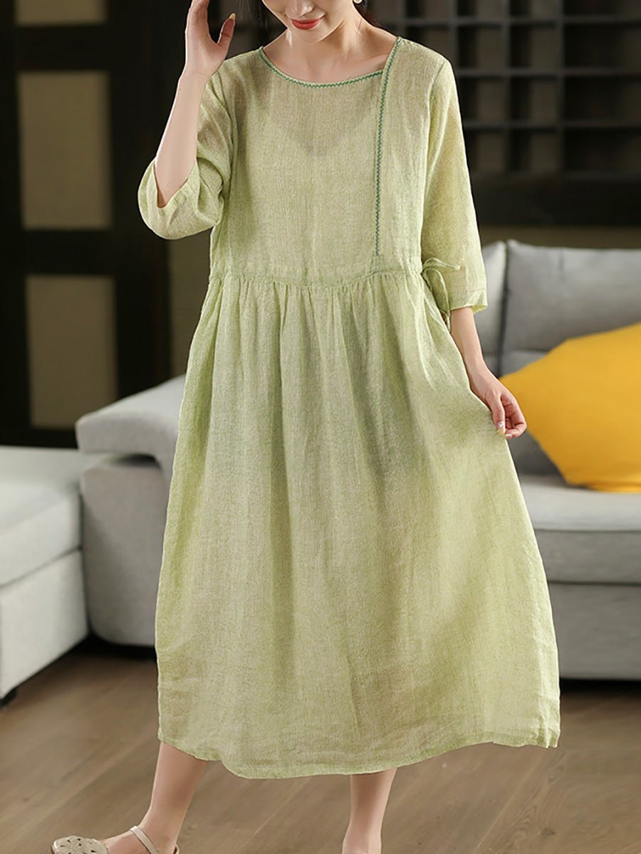 Women Summer Pure Color O-Neck 100%Ramie Dress