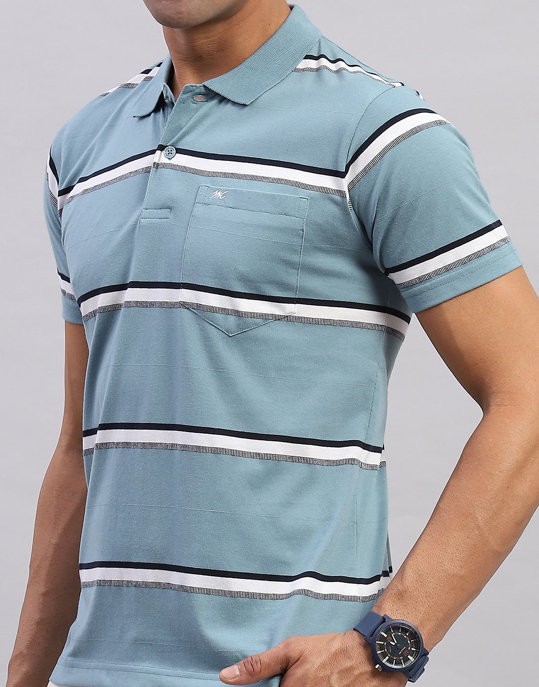 Men Blue Stripe Polo Collar Half Sleeve T-Shirt