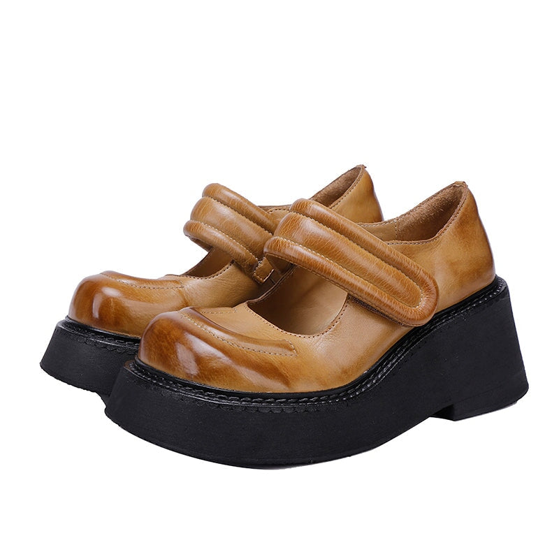 55mm Chunky Heel Vintage Cowhide Platform Mary Jane Shoes in Black/Khaki