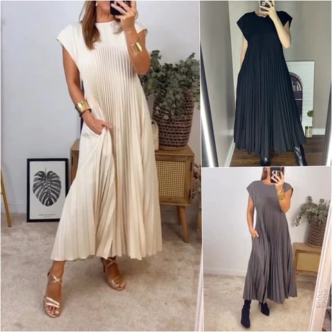 🔥Hot sale 48% OFF🔥Women Pleated Simple Solid Colour Dress