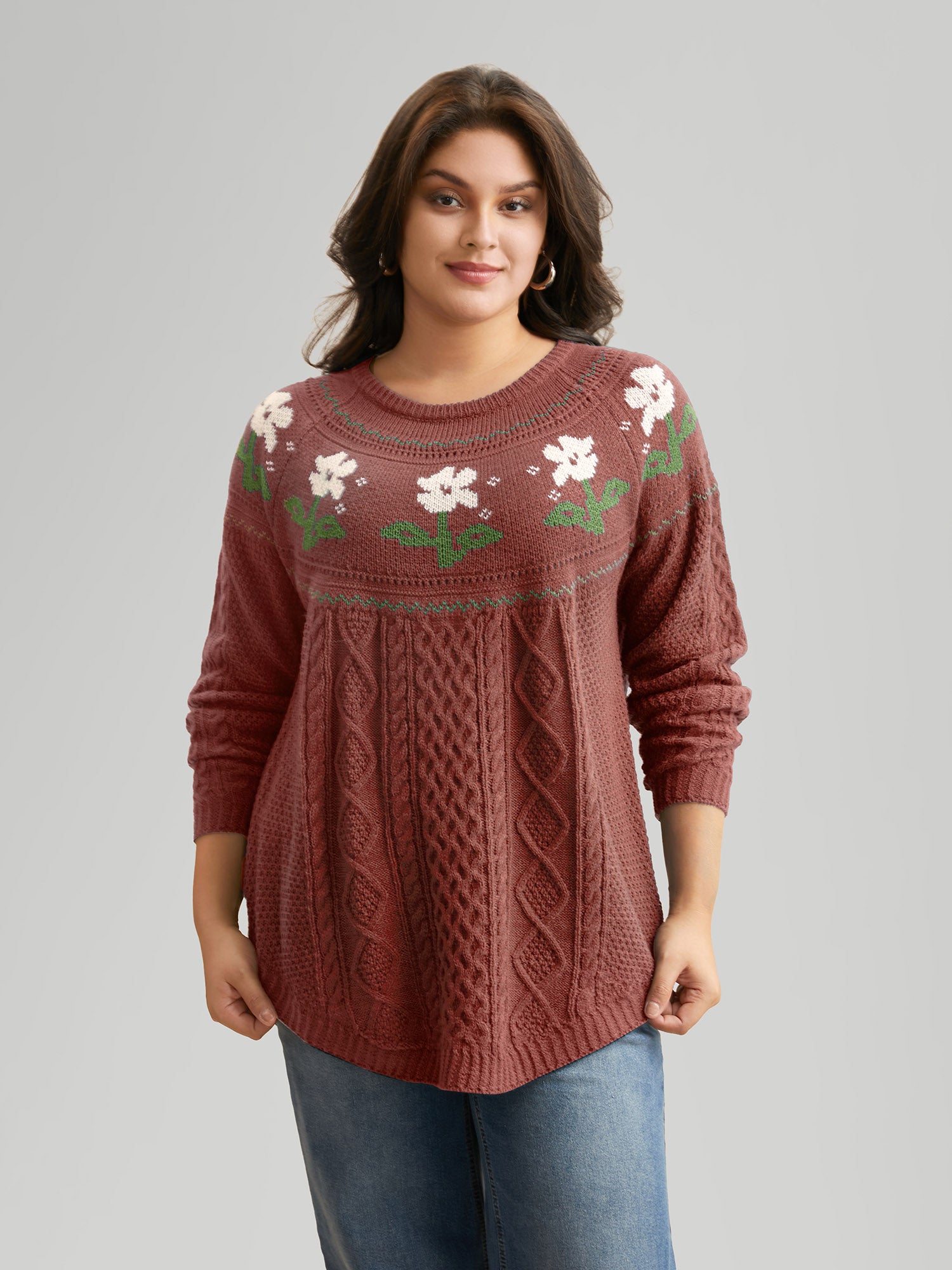 Floral Jacquard Raglan Sleeve Pullover