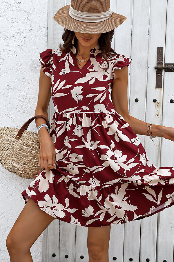 Fashion Floral Printed Ruffle Hem Mini Dress