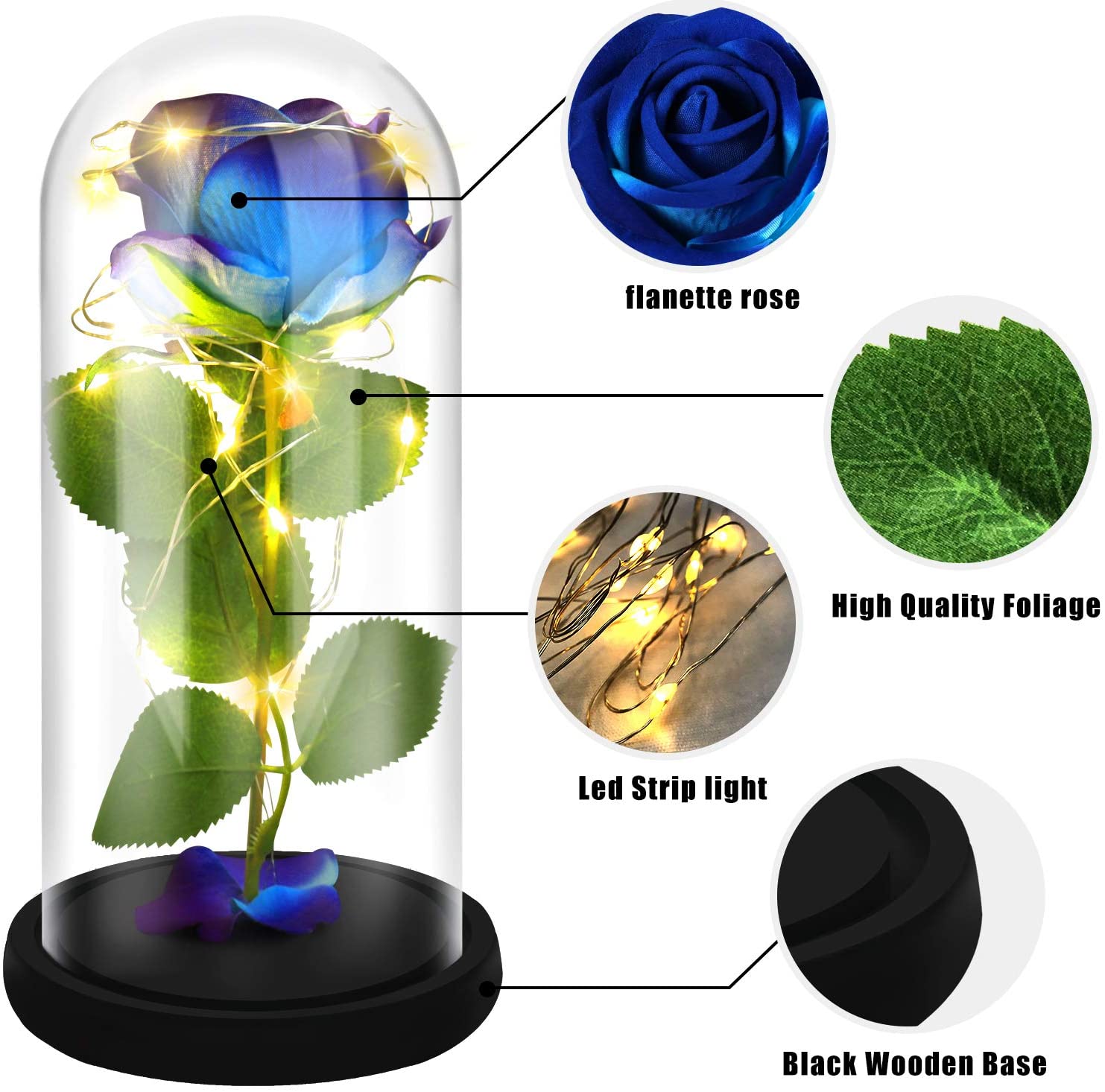 Rose That Lasts Forever in a Glass Dome with Led Lights.Gift for Mothers Day Valentine's Day Birthday Party Wedding Anniversary