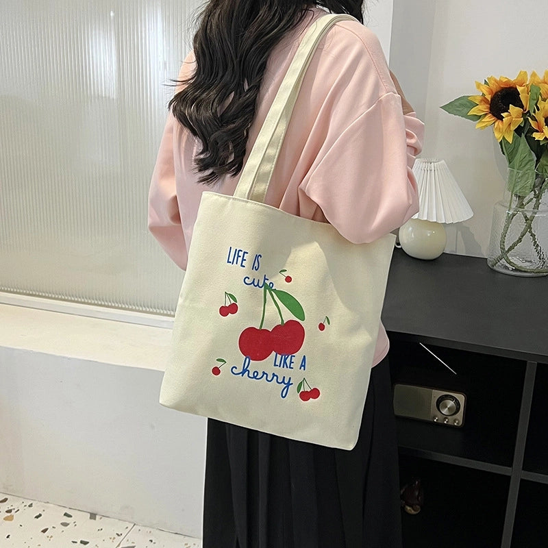 Women's Canvas Cherry Cute Sewing Thread Square Zipper Canvas Bag Tote Bag