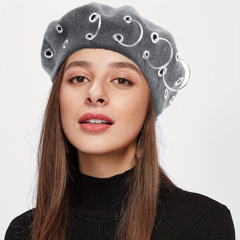 Women's Retro Punk Streetwear Solid Color Metal Eaveless Beret Hat