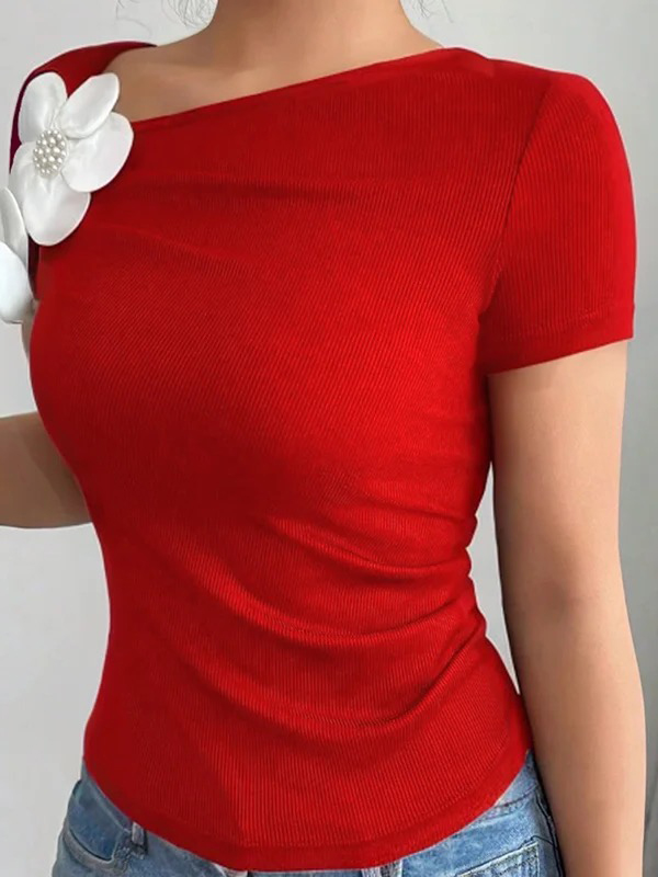 Short Sleeves Skinny Pleated Solid Color Three-Dimensional Flower Asymmetric Collar T-Shirts Tops