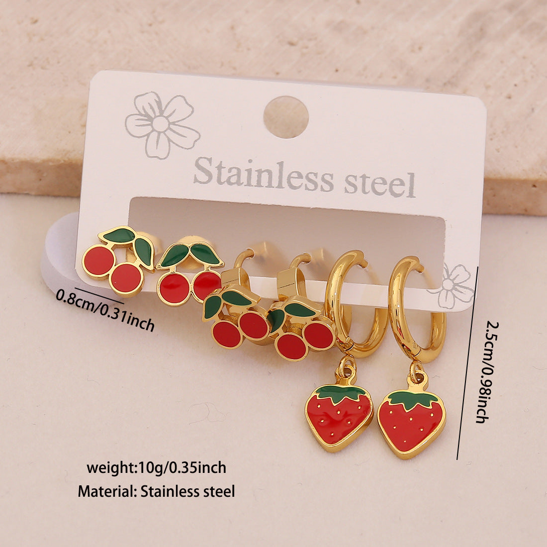 3 Pairs Of Cherry Strawberry Earrings Cute Stainless Steel Earrings For E623