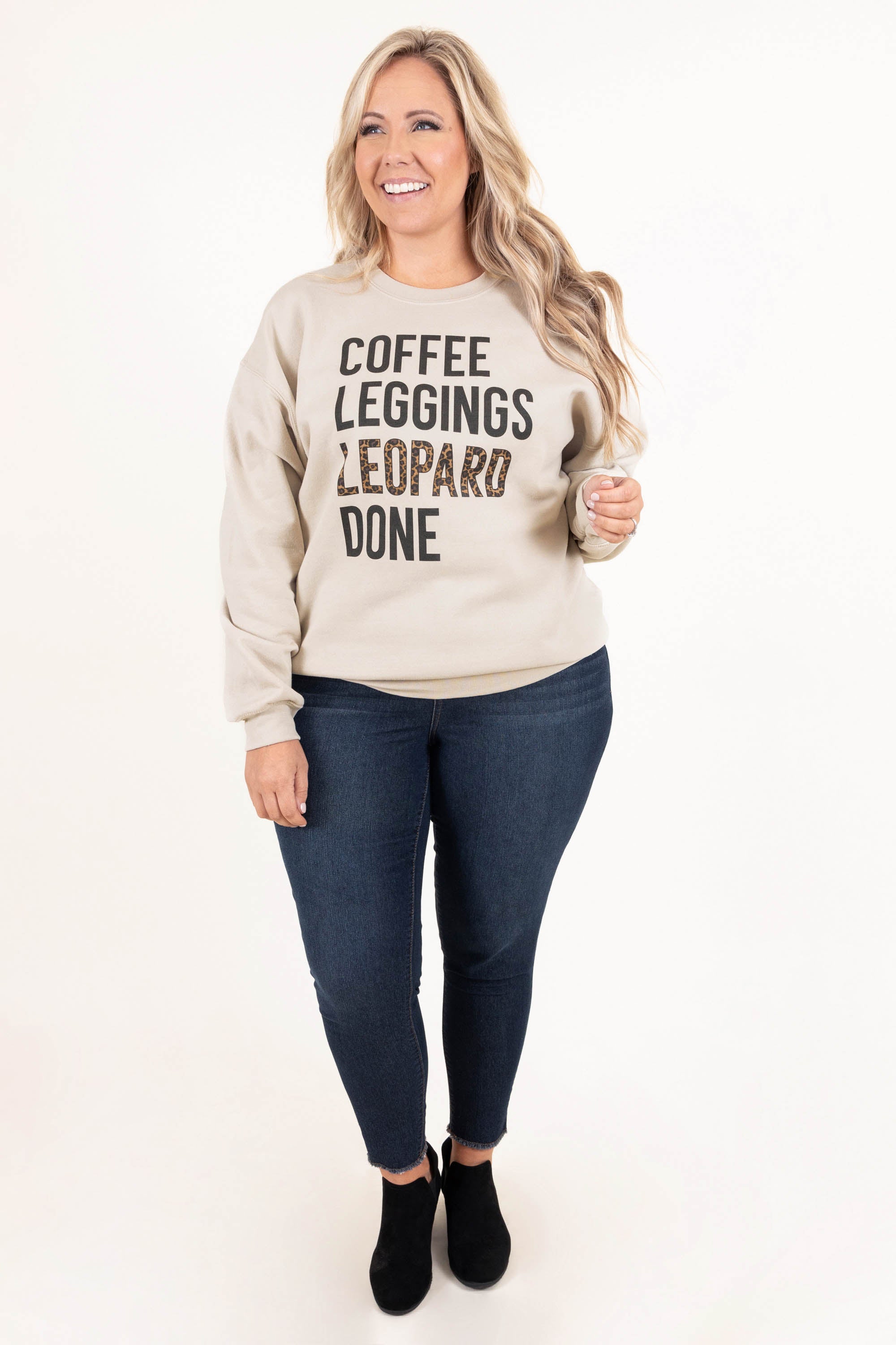 Coffee. Leggings. and Leopard Sweatshirt. Sand