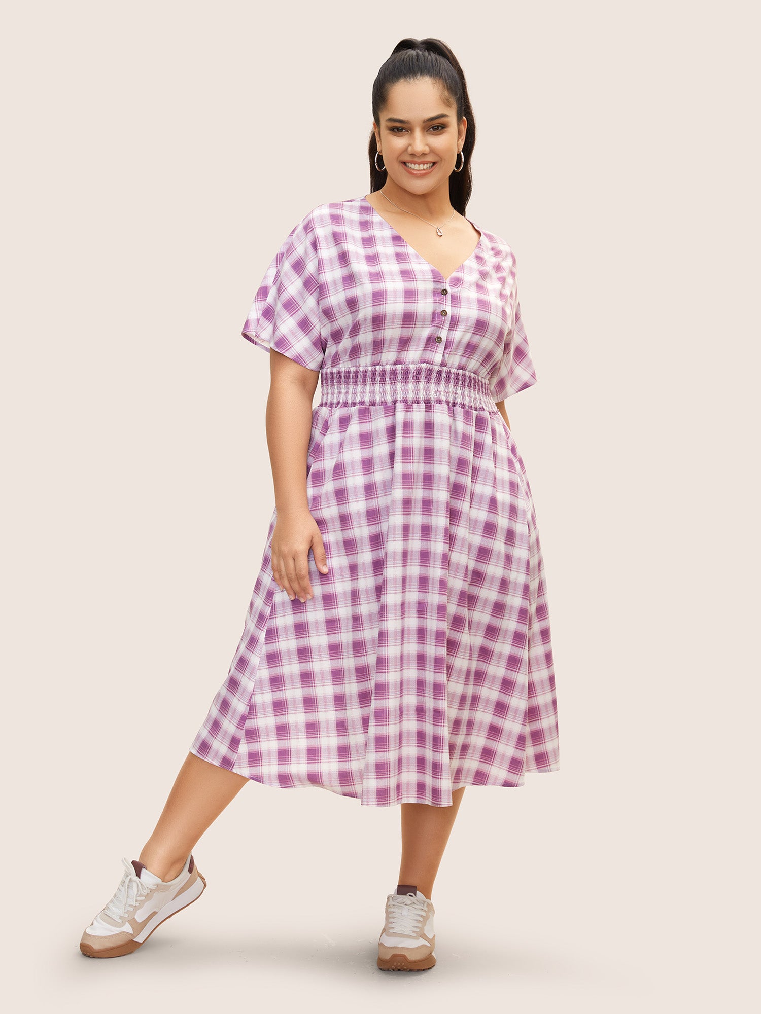 Gingham Shirred Button Up Dolman Sleeve Dress