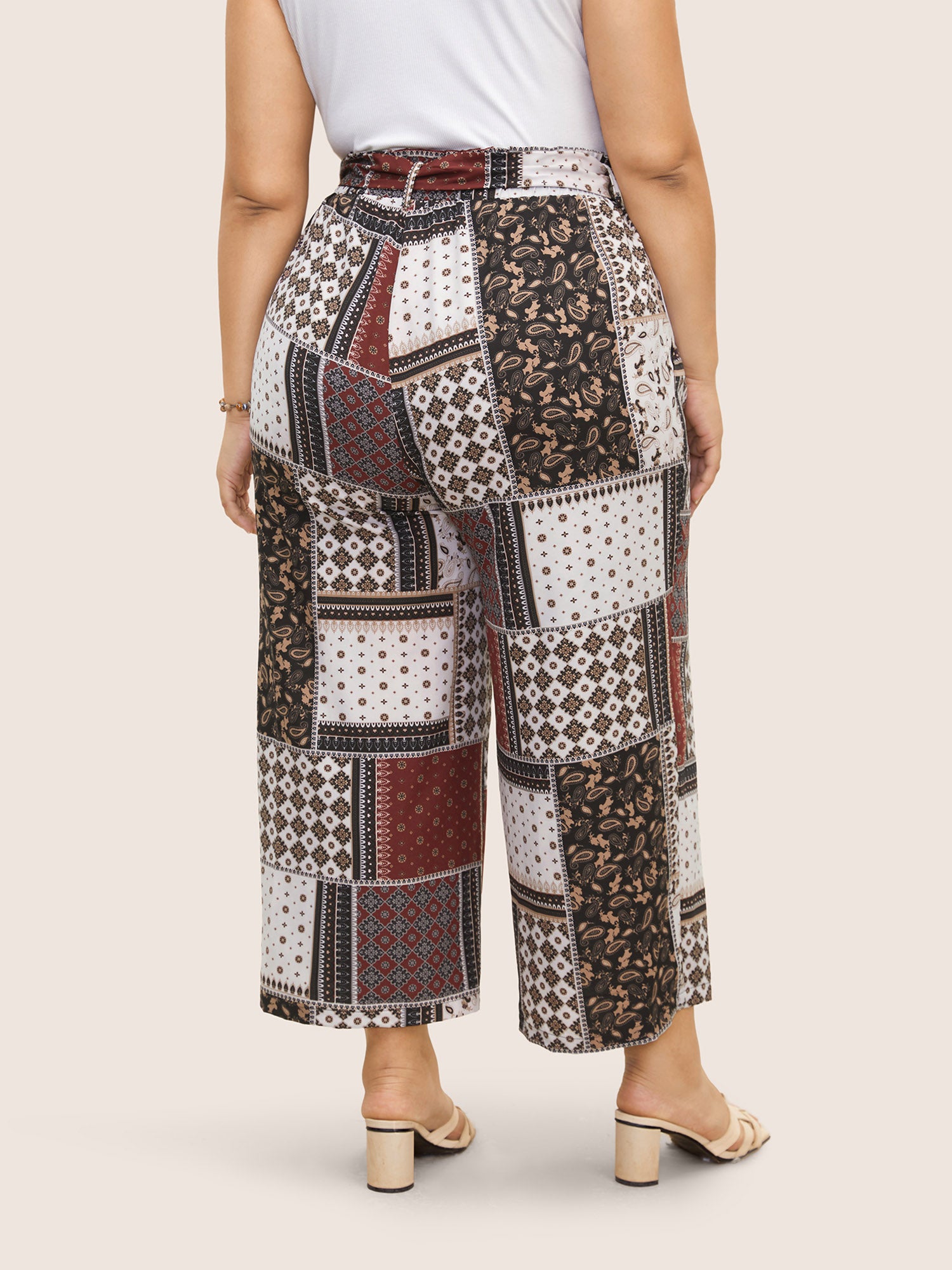 Patchwork Floral Belted Wide Leg Pants