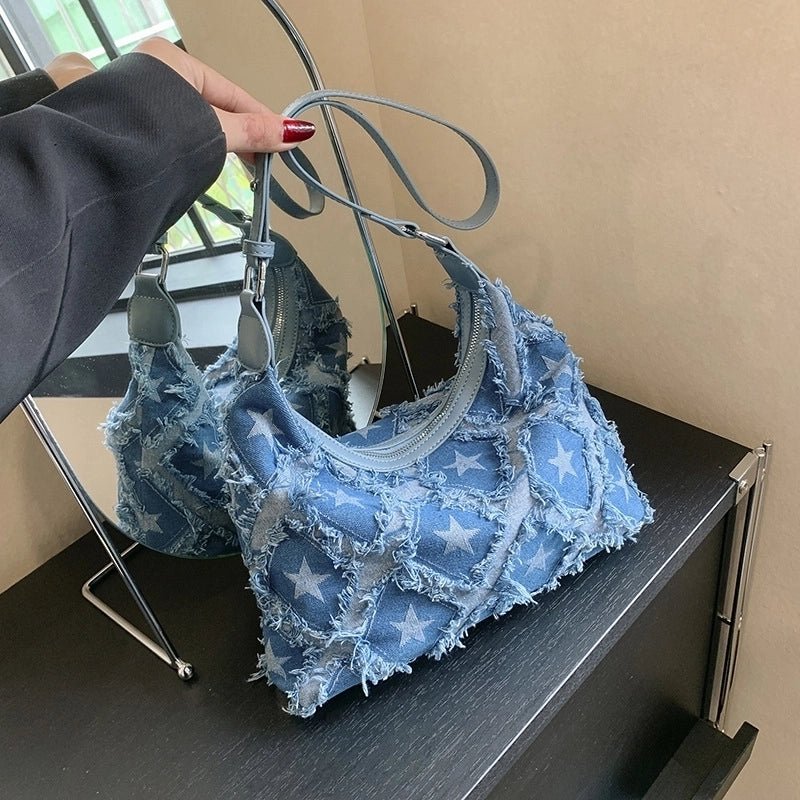 Women's Small Denim Star Streetwear Zipper Underarm Bag