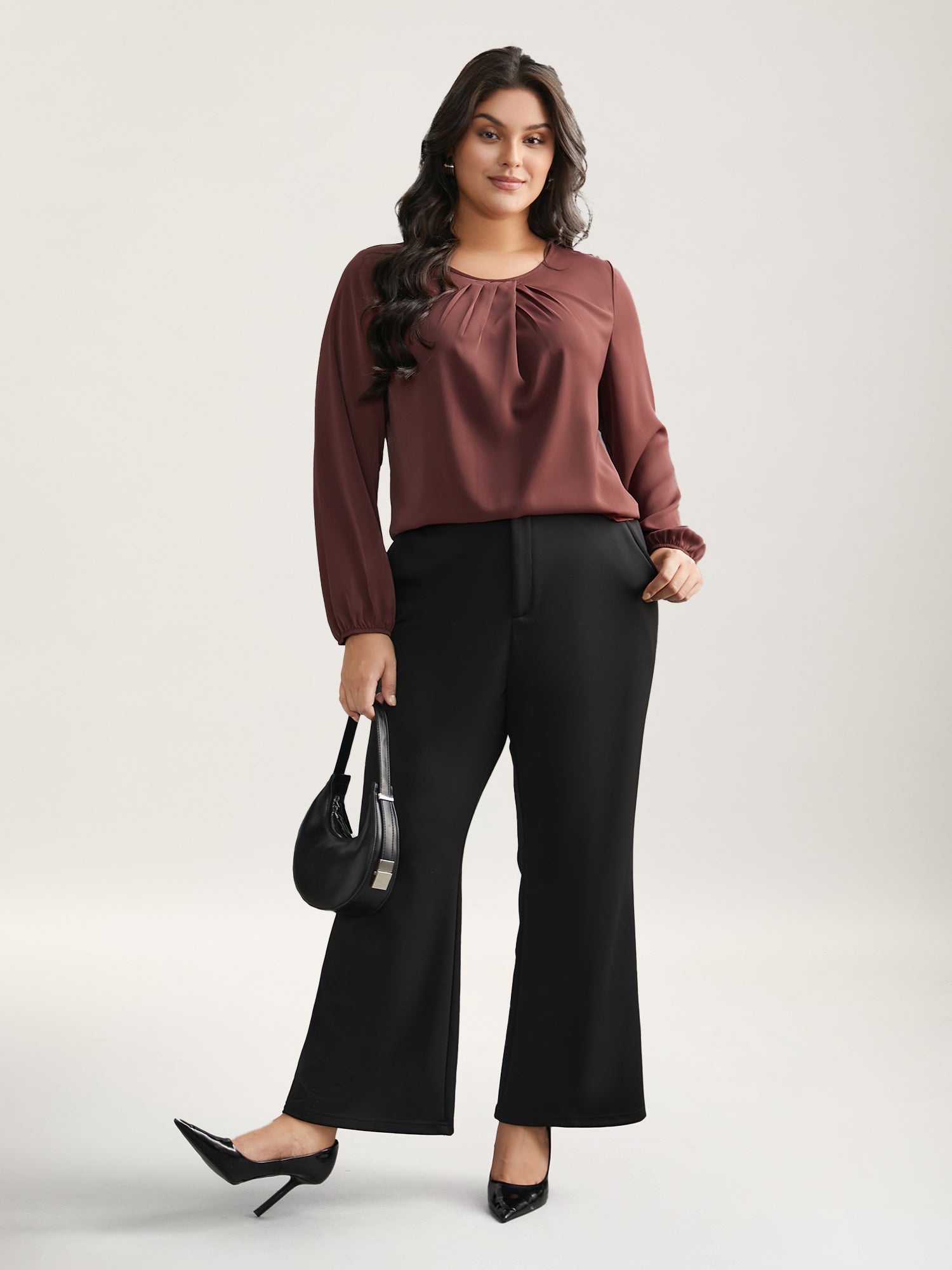 Solid Crew Neck Lantern Sleeve Blouse