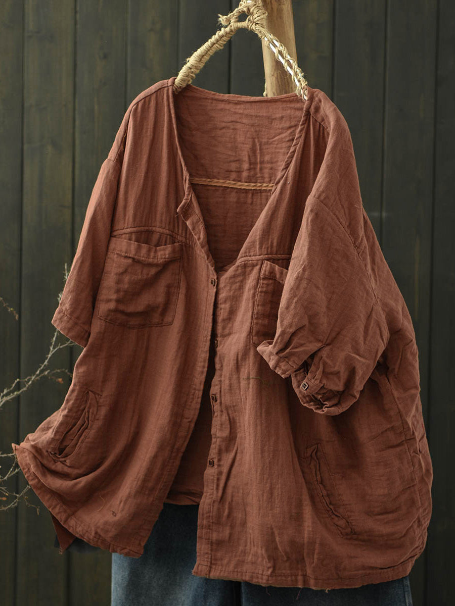 Plus Size Women Summer Worn Pure Color V-Neck Cotton Shirt
