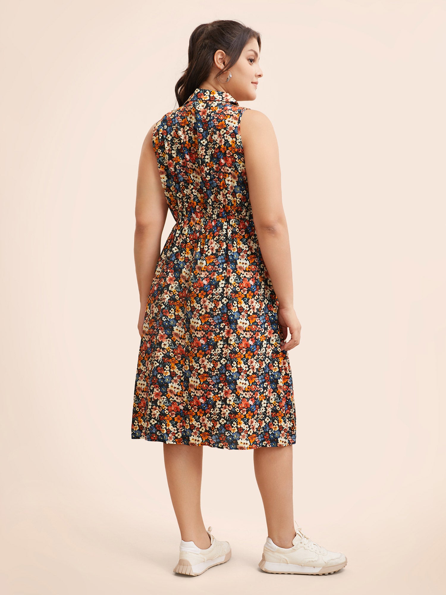Shirt Collar Ditsy Floral Sleeveless Dress