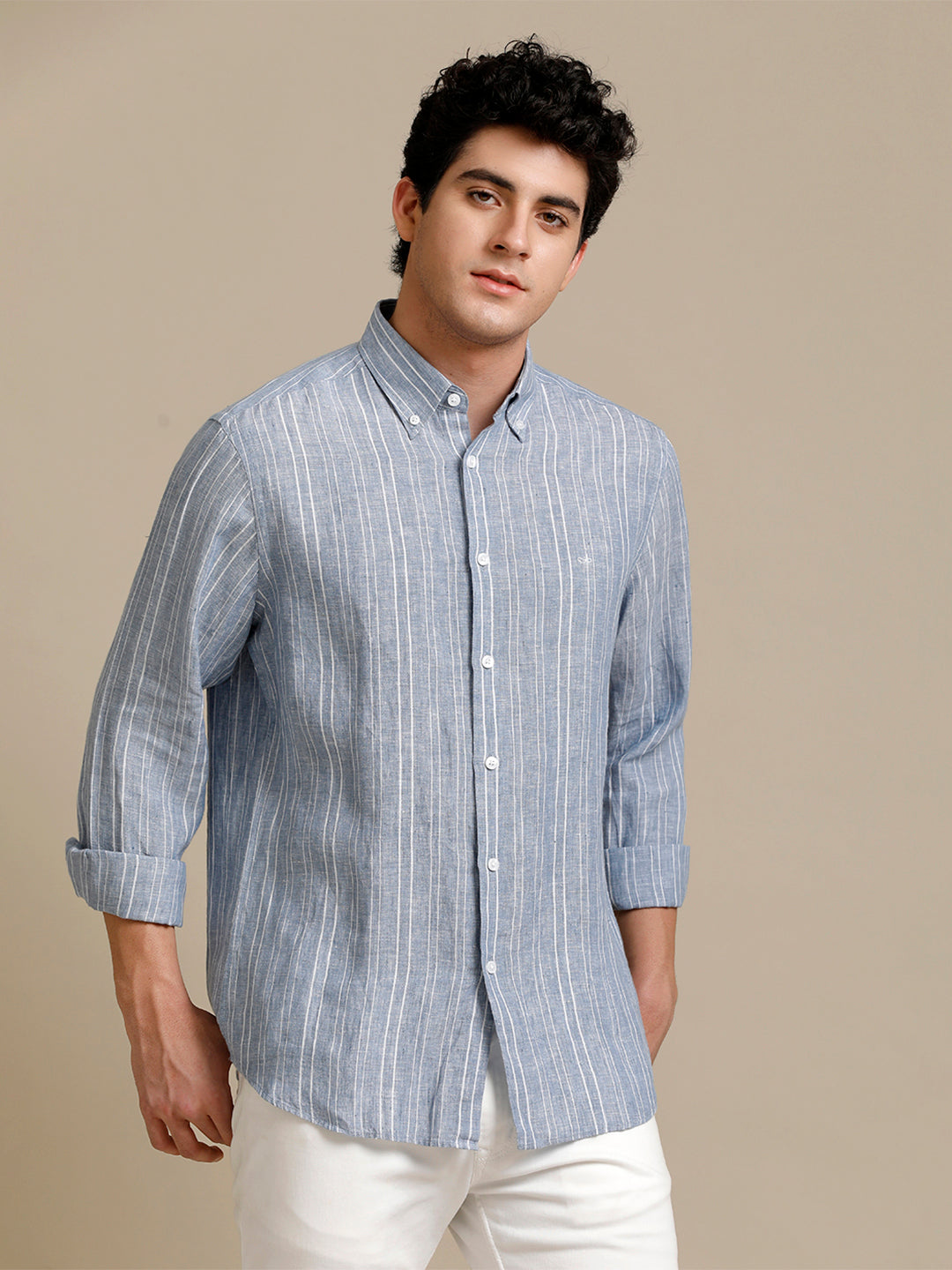 Mens Regular Fit Blue/White Stripe Casual Linen Shirt (LABUL)