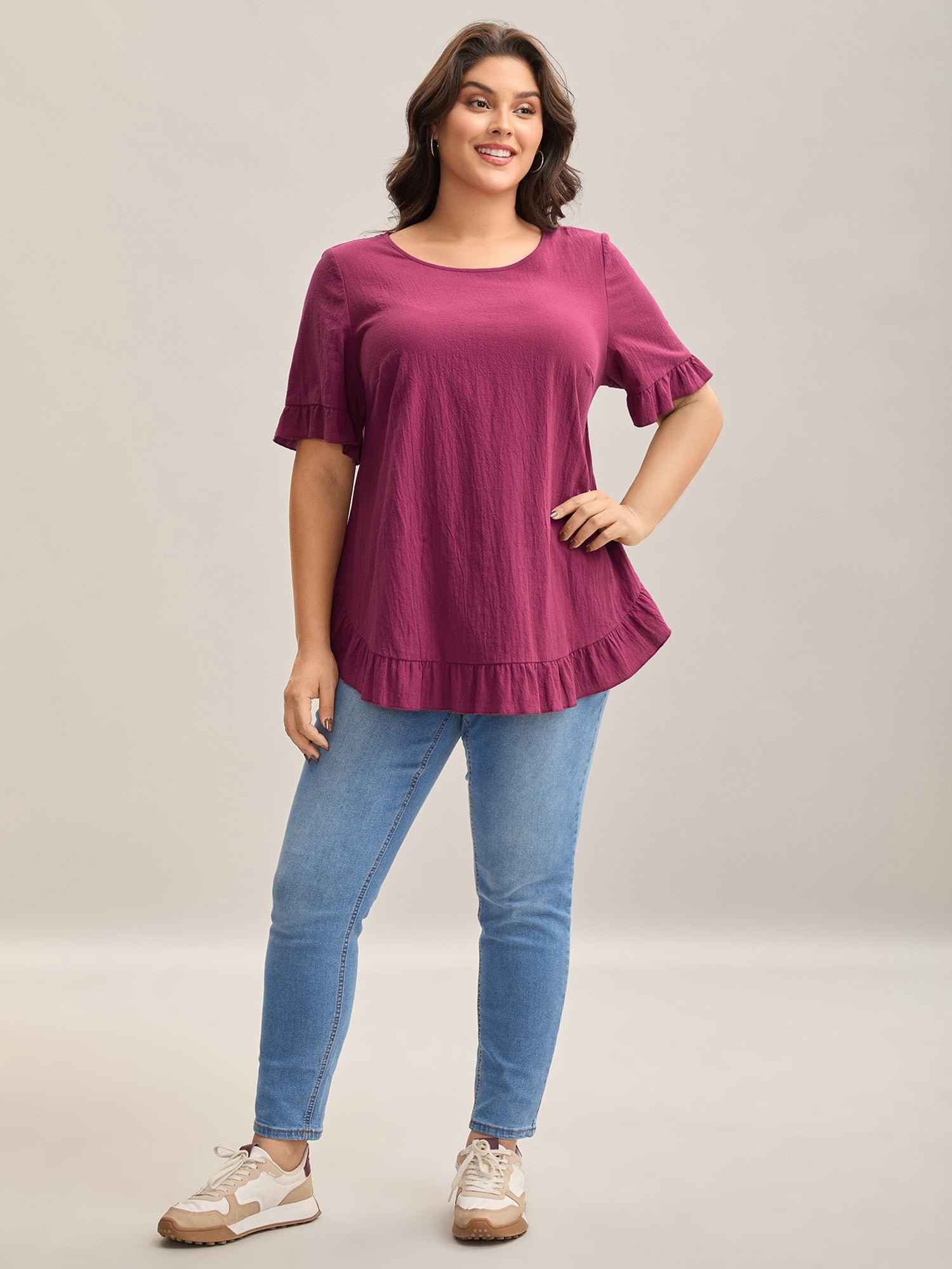 Pure Cotton Ruffled Curved Hem Blouse