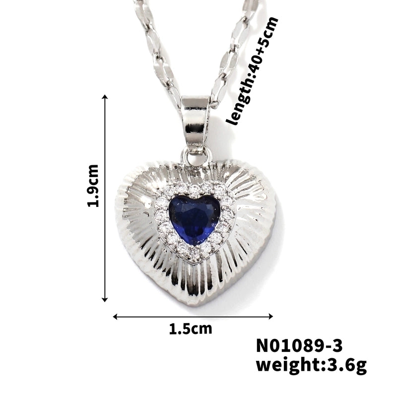 Classic Style Heart Shape 304 Stainless Steel Copper Zircon K Gold Plated Rhodium Plated Inlay Pendant Necklace