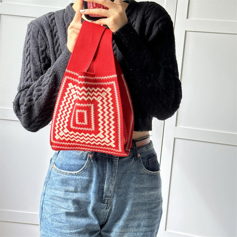 Women's Small Knit Printing Lattice Flower Elegant Classic Style Square Open Handbag