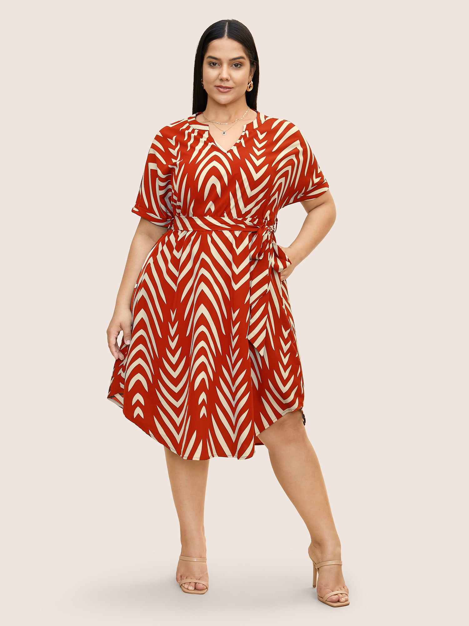 Geometric Belted Dolman Sleeve Curved Hem Dress