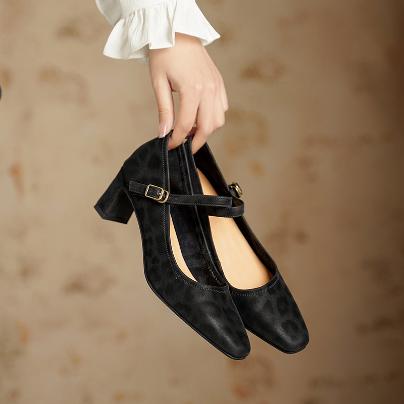 Vintage Square Toe Handmade Cow Leather Mary Jane Pumps in Black/Brown