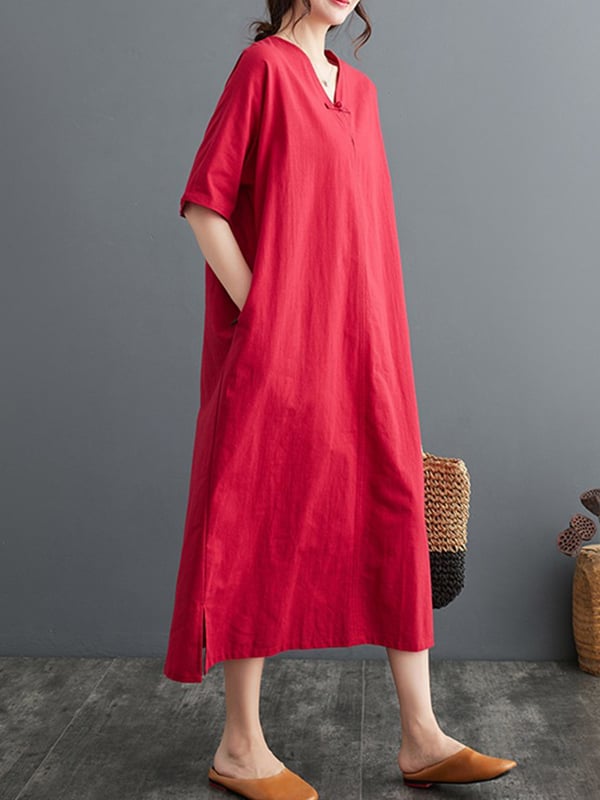 A-Line Loose Chinese Frog Buttons Pockets Solid Color Split-Side V-Neck Midi Dresses