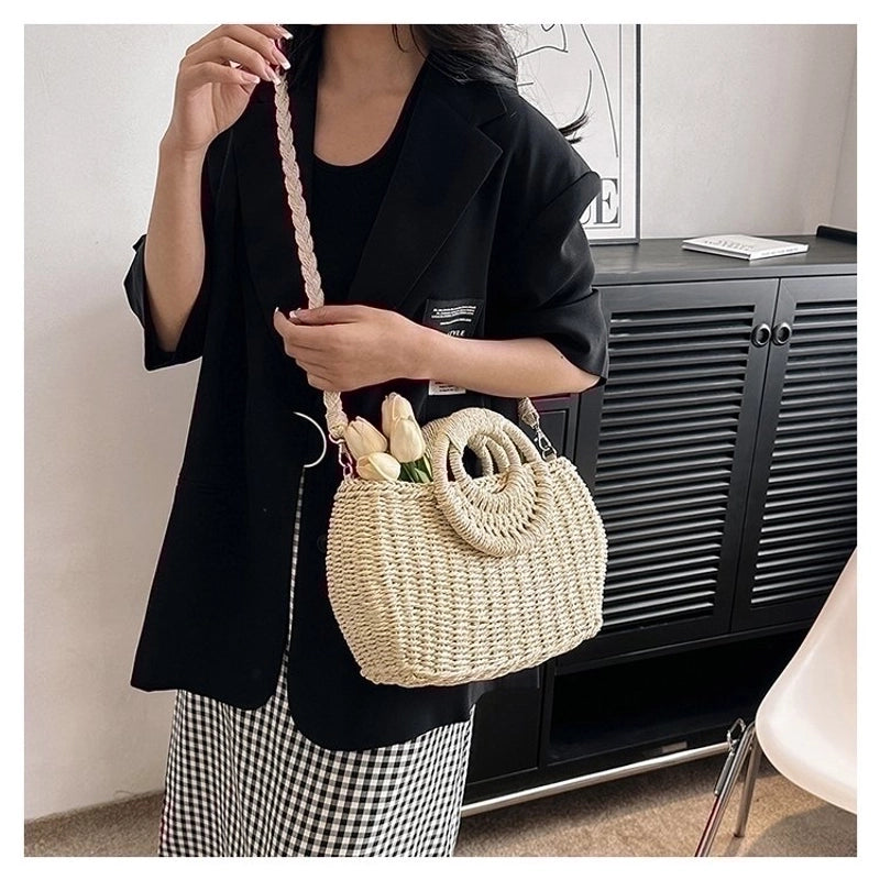 Women's Straw Solid Color Vacation Square String Handbag