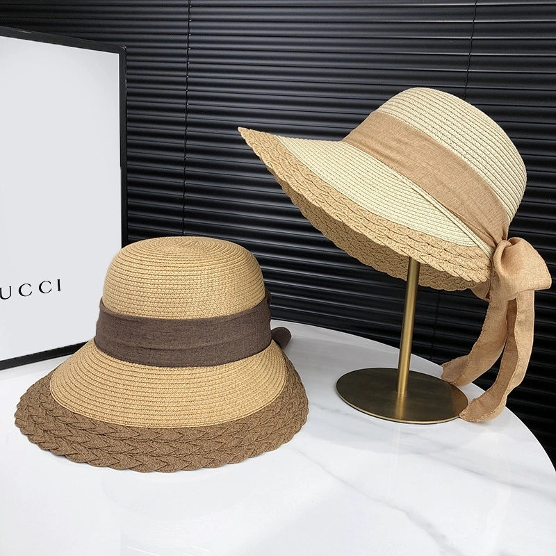 Women's Minimalist Classic Style Color Block Bowknot Flat Eaves Straw Hat