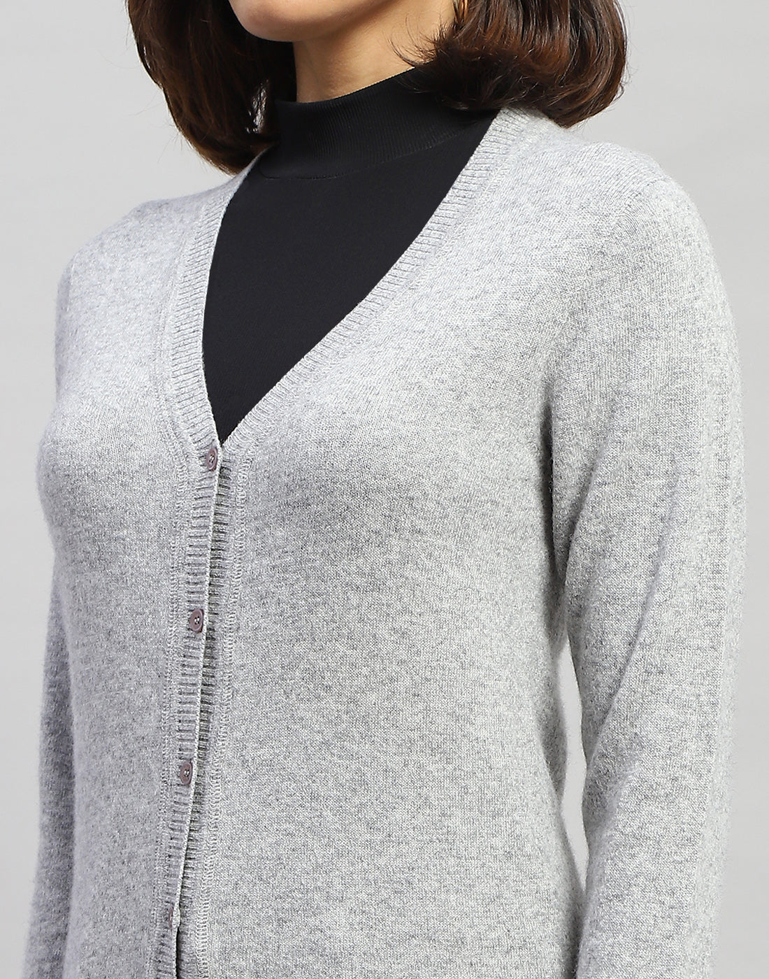 Women Grey Solid V Neck Full Sleeve Cardigan