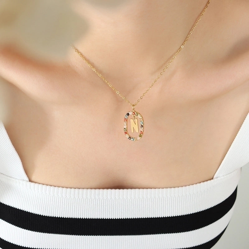 INS Style Letter Oval Titanium Steel Zircon 18K Gold Plated Inlay Necklace