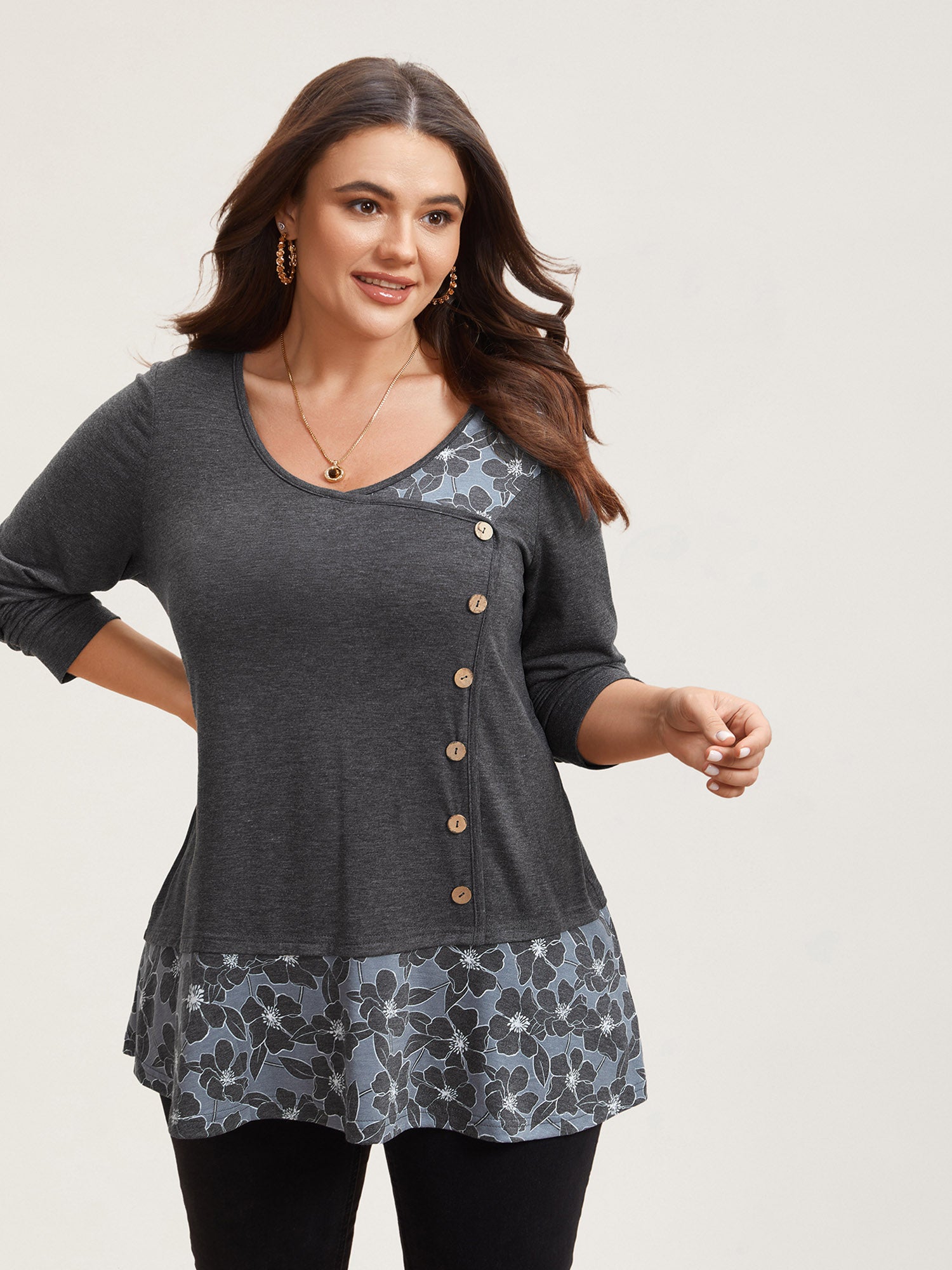 Printed Side-Buttons Wrap Knit Top