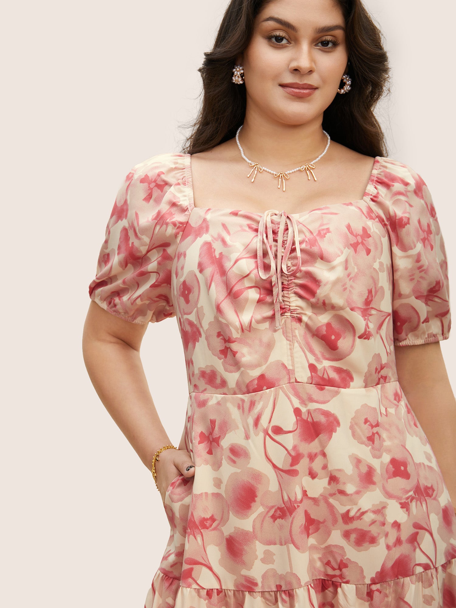 Floral Drawstring Tie Knot Puff Sleeve Midi Dress
