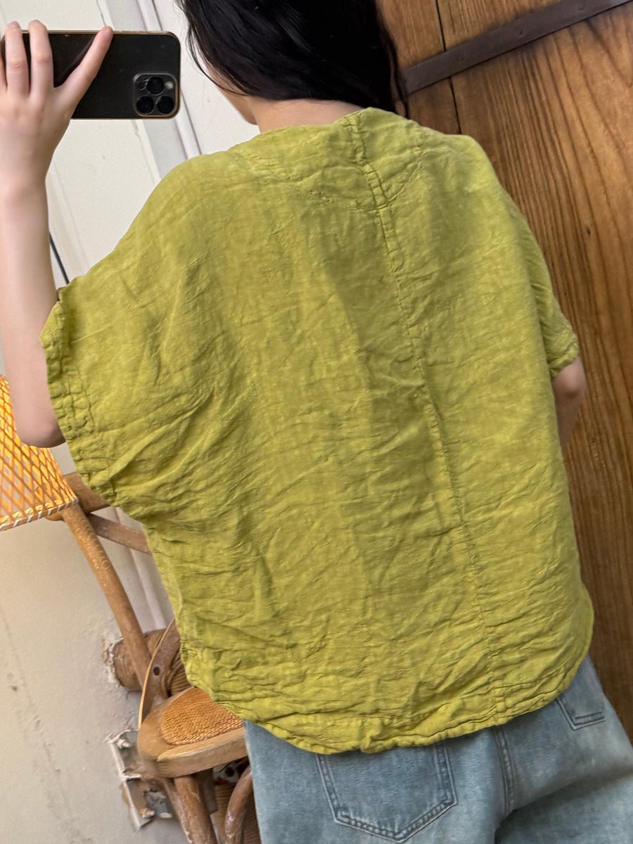 Women Summer Retro Button-up O-Neck Linen Shirt