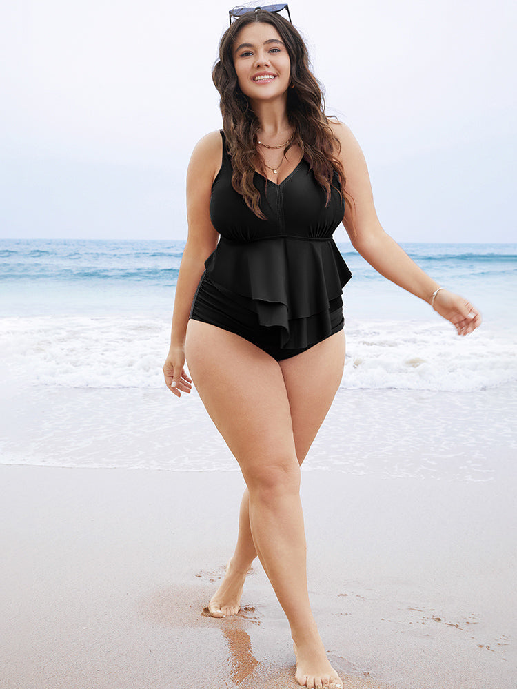 Solid Sculpt Waist Patchwork Ruffle Tiered One Piece Swimsuit