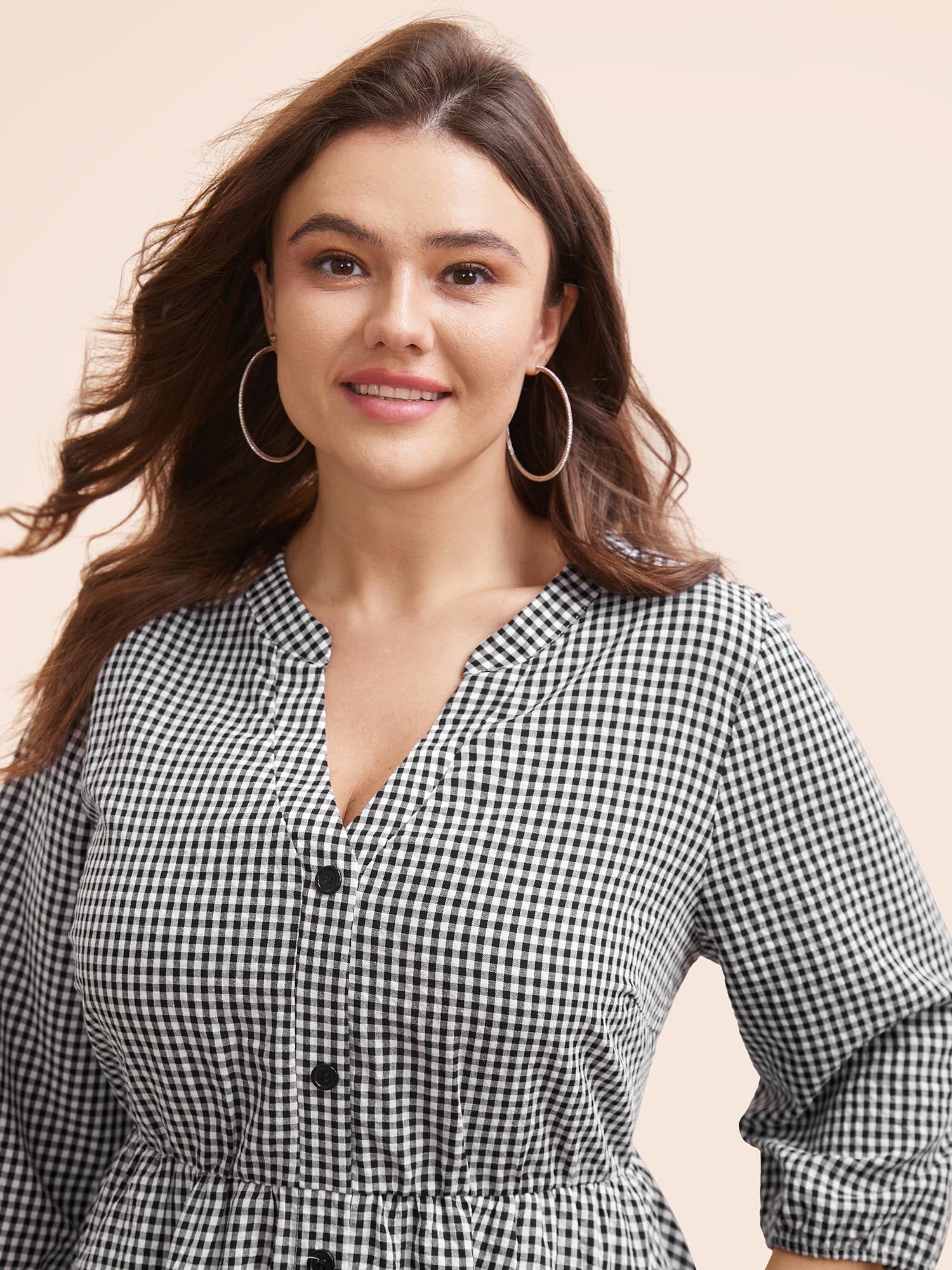 Gingham Notched Ruffle Hem Lantern Sleeve Dress