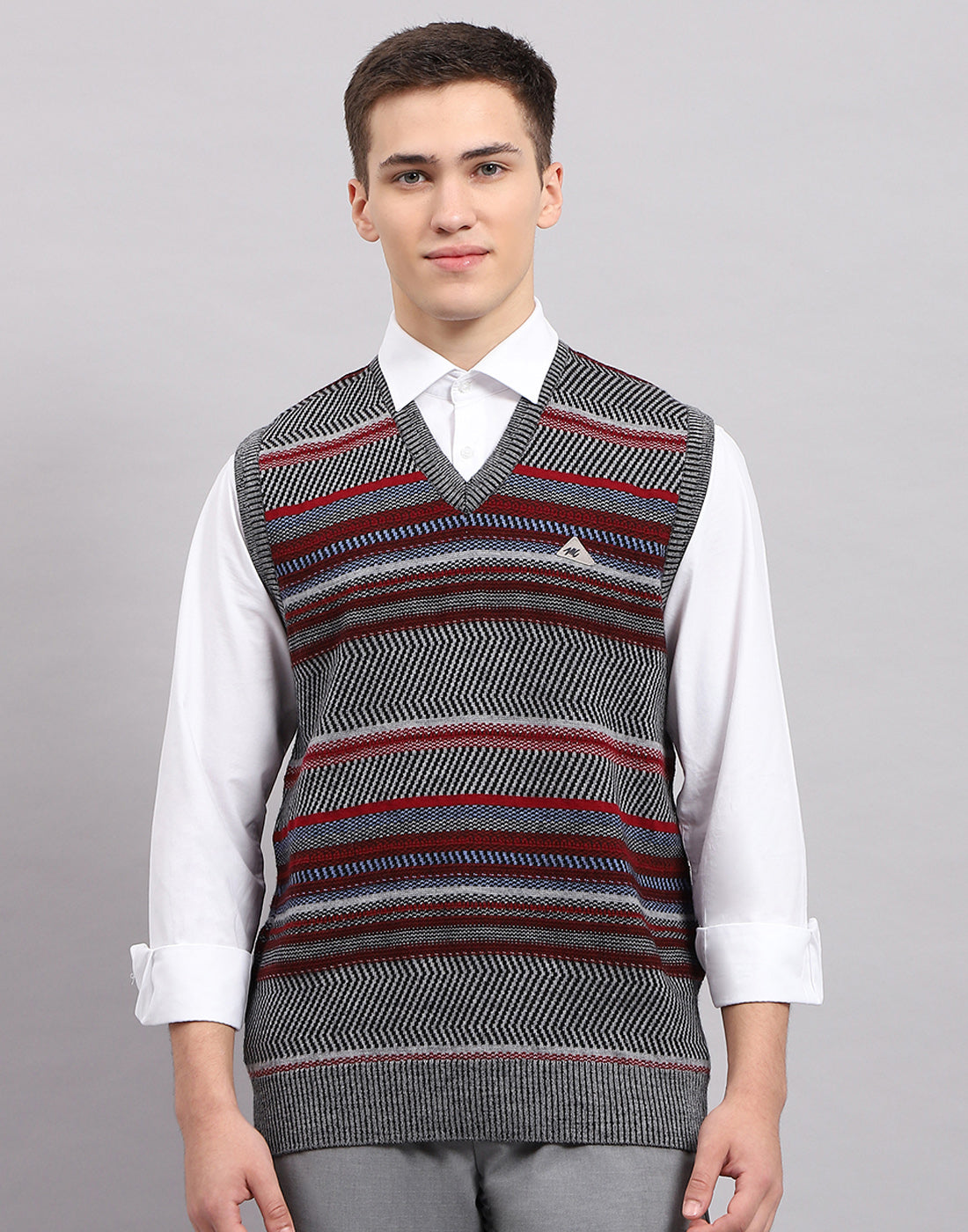 Men Grey Stripe V Neck Sleeveless Sweater