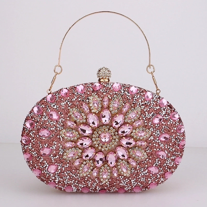 Red Green Blue Pu Leather Polyester Flower Rhinestone Oval Evening Bags