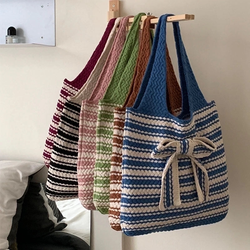 Women's Medium Polyester Stripe Bow Knot Vintage Style Weave Open Shoulder Bag