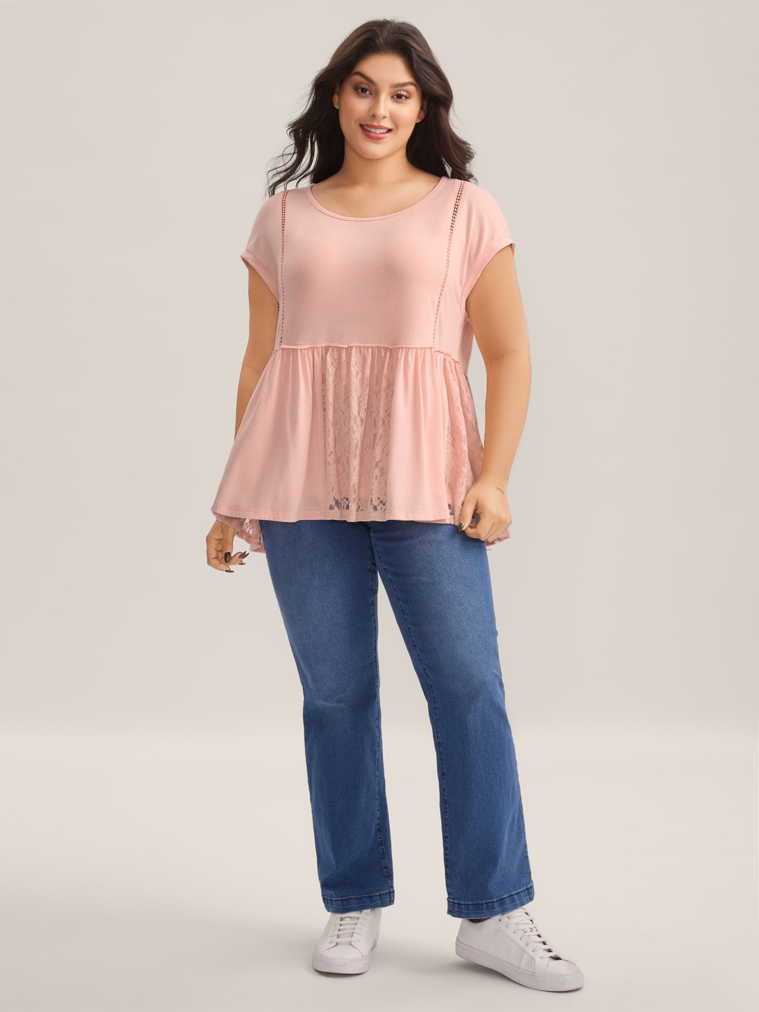 Lace Trim Spliced Solid T-Shirt