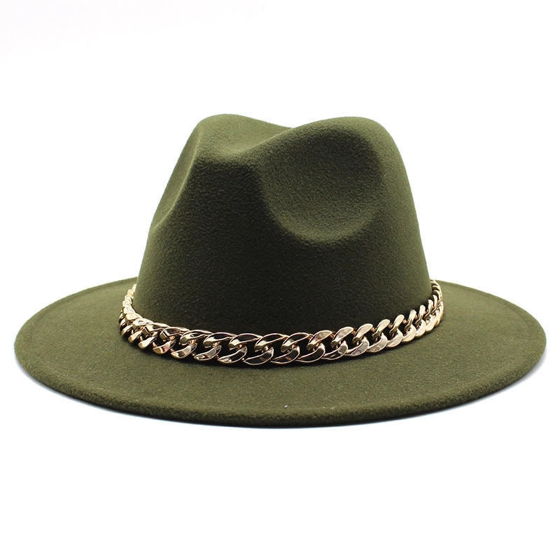 Chain Accessories Panama Hat Autumn And Winter  Jazz Woolen Hat Women's Fashion Big Brim Soft Felt Hat