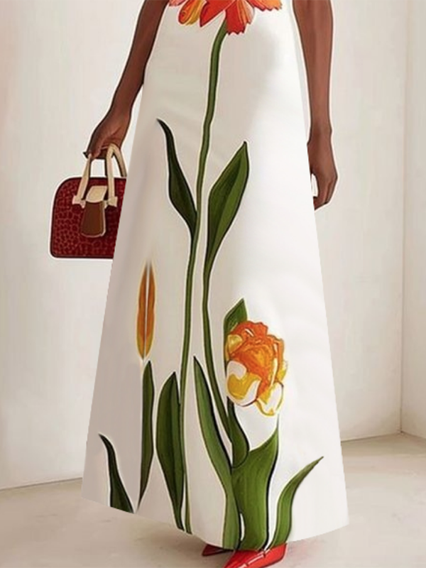 Short Sleeves Flower Print Boat Neck Maxi Dresses