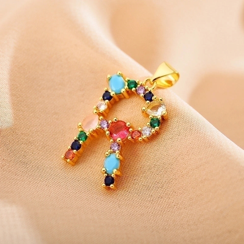 Copper Gold Plated Modern Style Shiny Inlay Letter Glass Stone Zircon Pendant Necklace