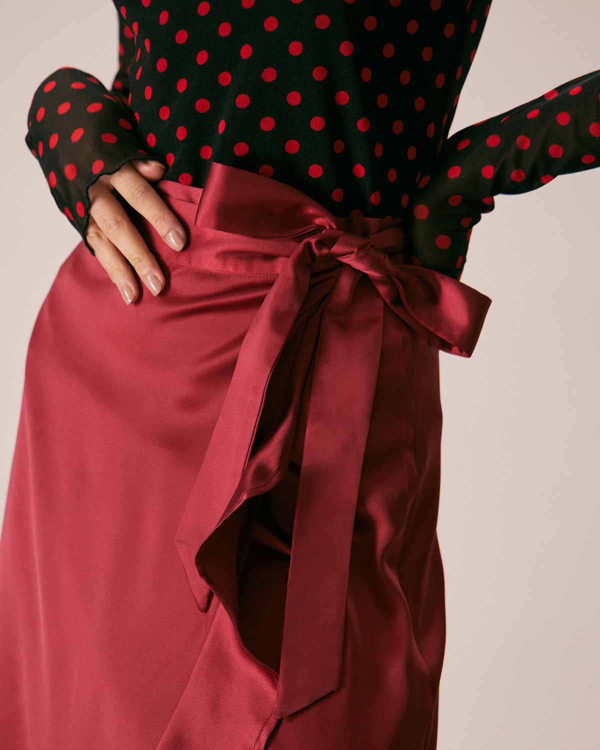 The Wine Red Drawstring Ruffle Satin Midi Skirt