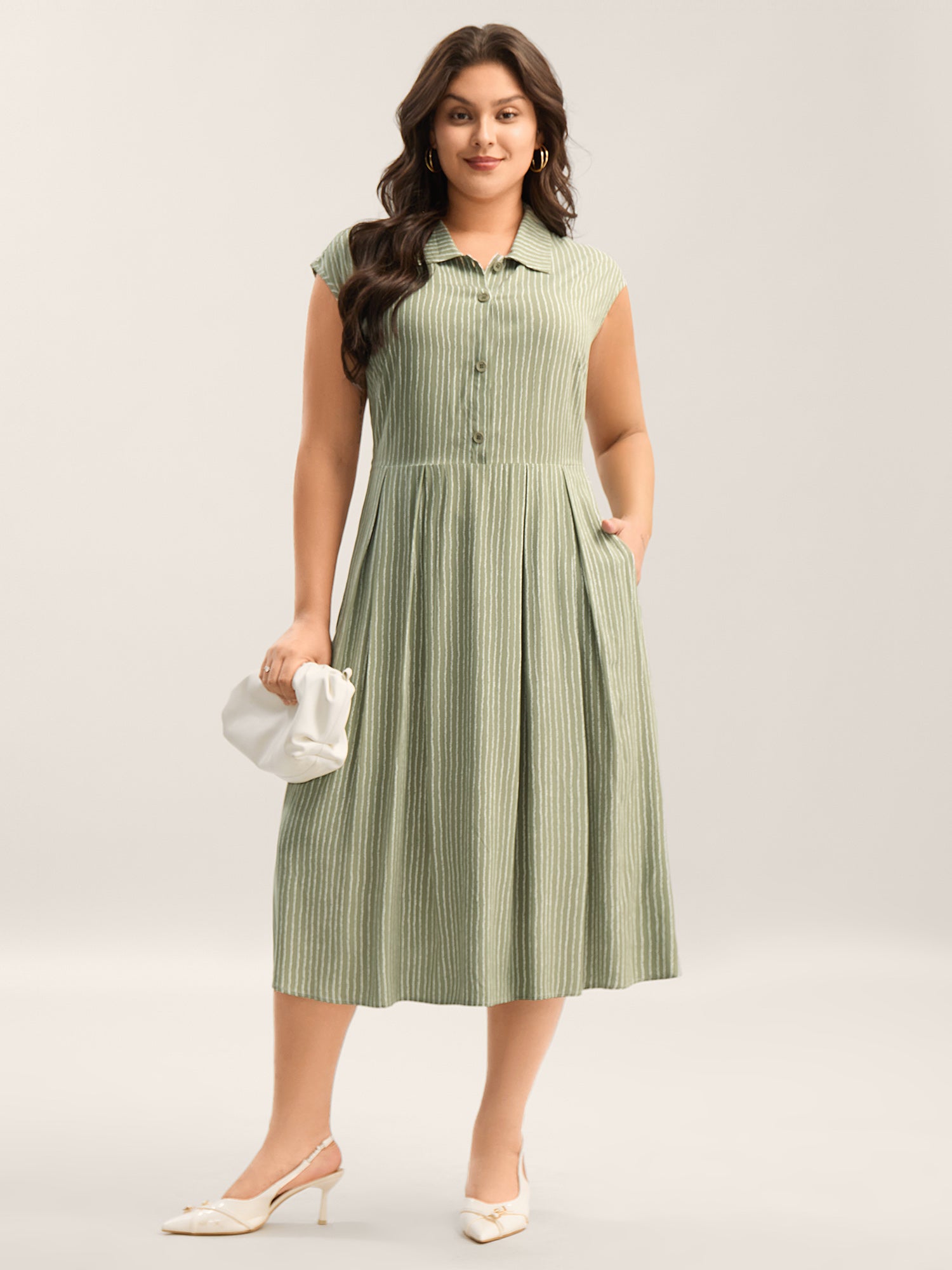 Stripe Print Button Detail Collar Midi Dress