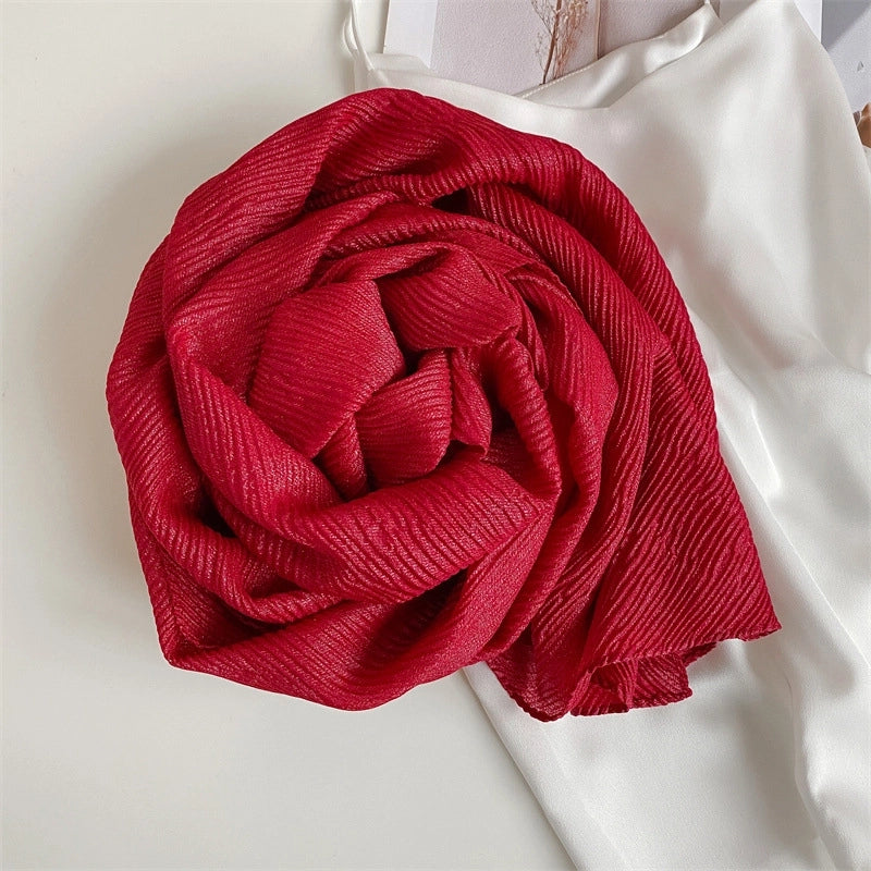 Heavy Bright Silk New Pleated Texture Scarf Women's Autumn And Winter All-Matching Long Solid Color Shawl Dual-Use