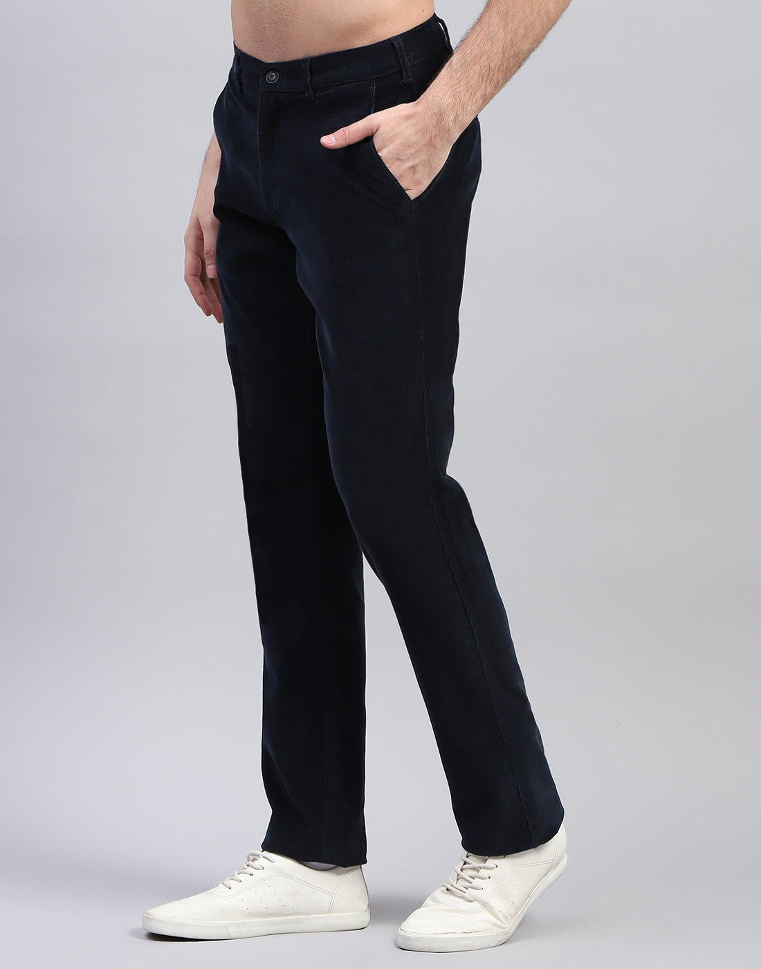 Men Navy Blue Solid Regular Fit Trouser