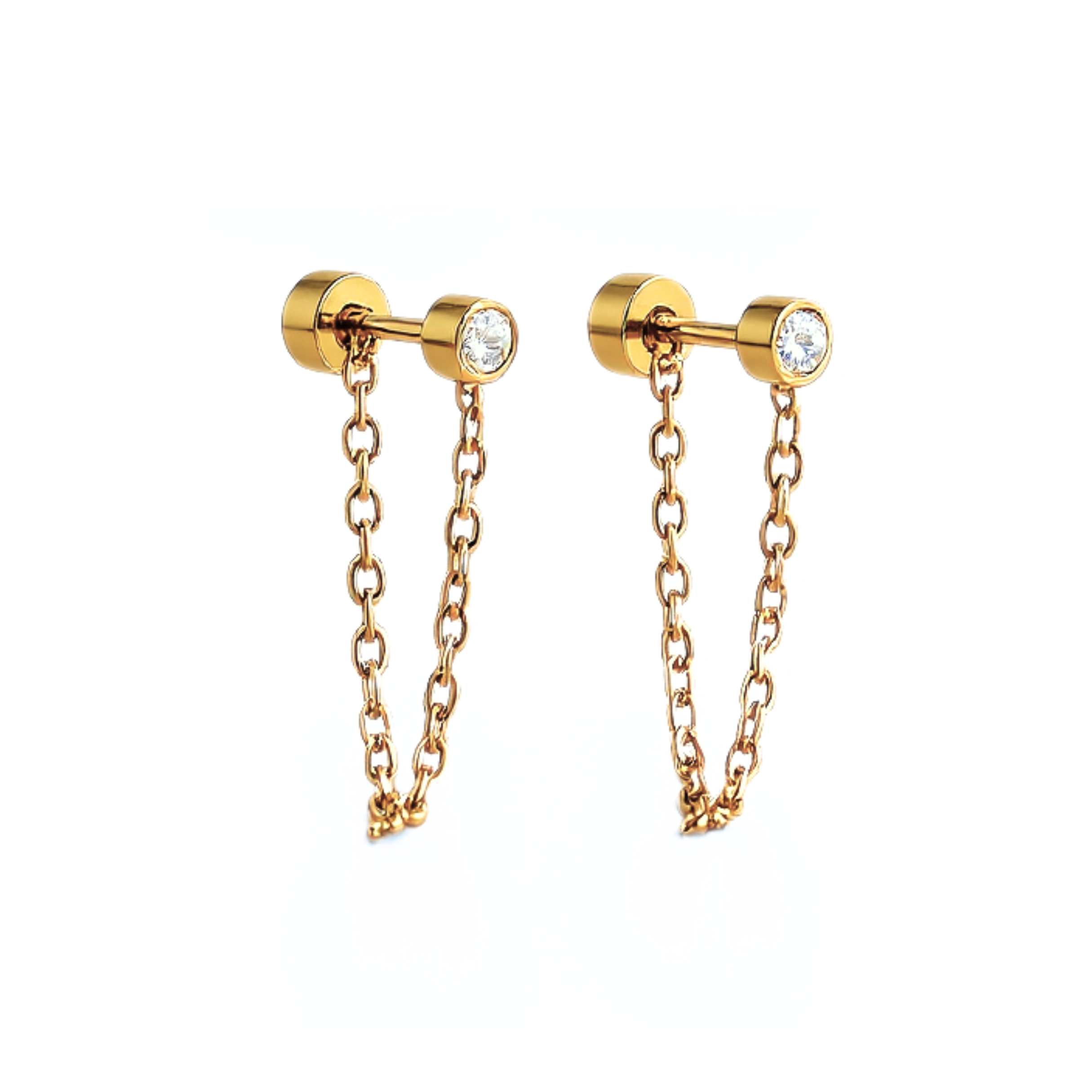 Chained 3mm framed diamond style studs - Gold