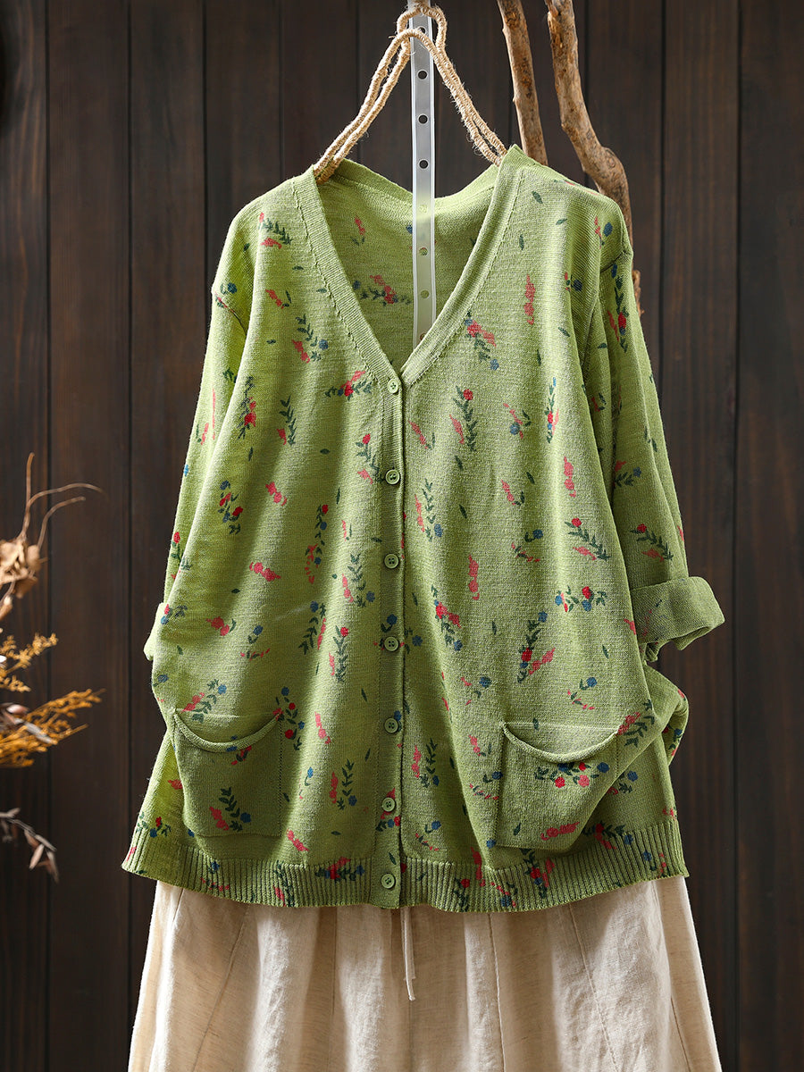 Women Summer Artsy Floral Knitted V-Neck Cotton Shirt