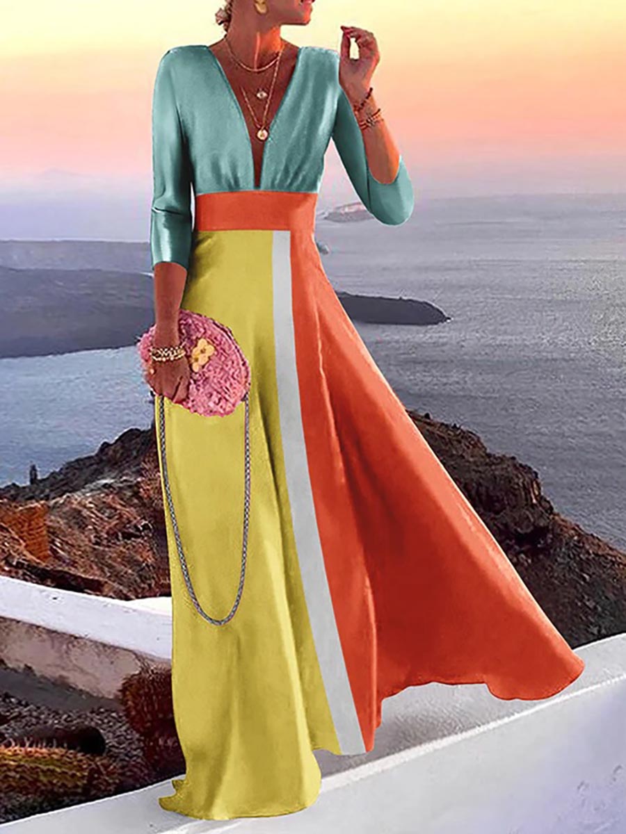 Fashion Print Long Sleeve Plunge V Neck Color Block Dresses