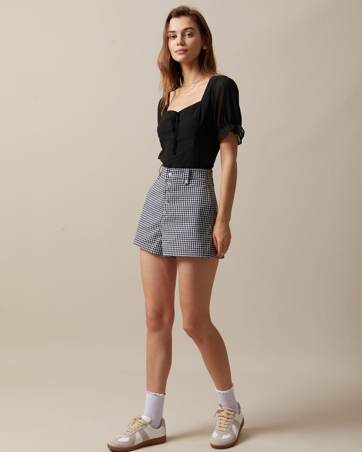 The Black High Waisted Button Up Plaid Shorts