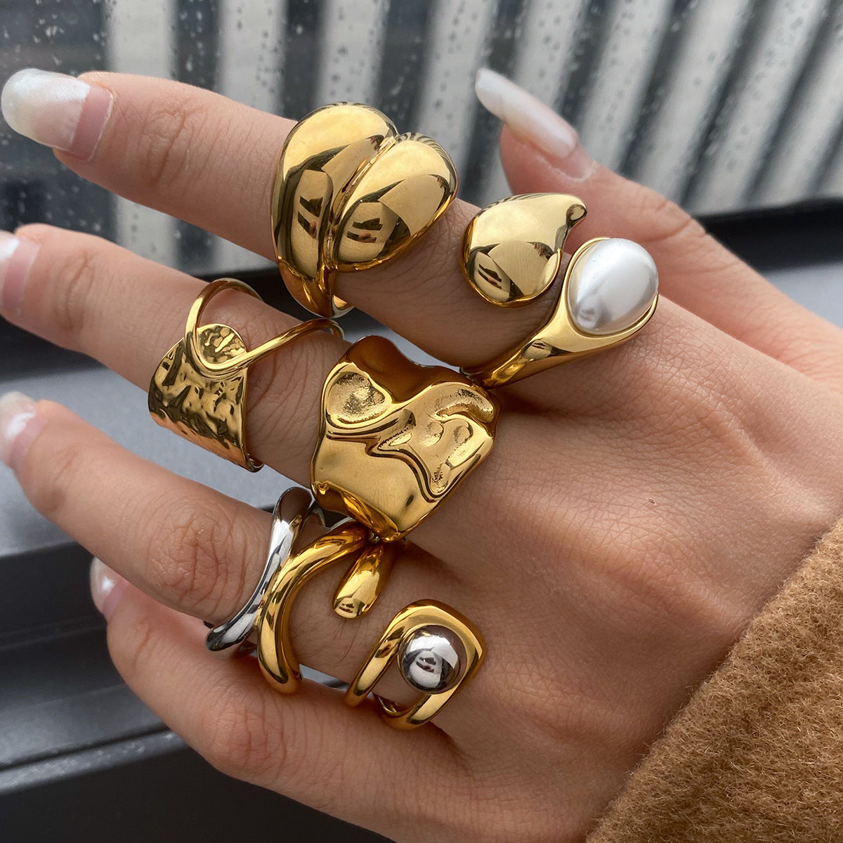 Jie Ding Stainless Steel Pearl Ring Titanium Steel Jewelry Niche Design Ring Ring